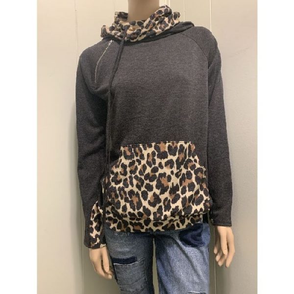 Cozy Charcoal/Leopard Print Zipped Neck Sweater