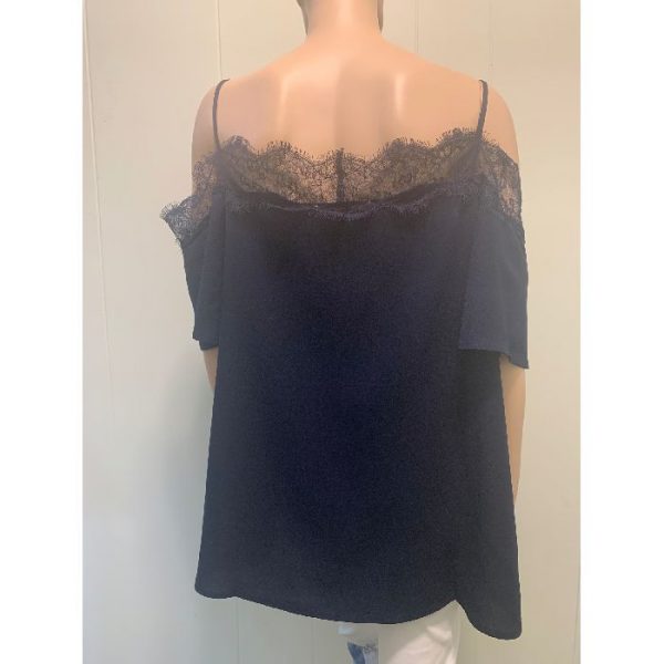 Navy Lace Trim Shoulder Blouse